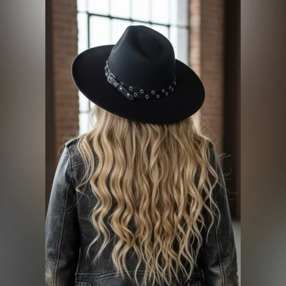 NWT Boho Gypsy Vibes Black Wide Flat Brimmed Fedora Ranchers Hat With Black Belt - Picture 4 of 6